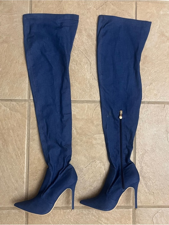 Cape Robbin Shoes - Cape Robin Blue Stretch Denim Jean Thigh High Pointy Toe Stiletto Heel Boots 6.5